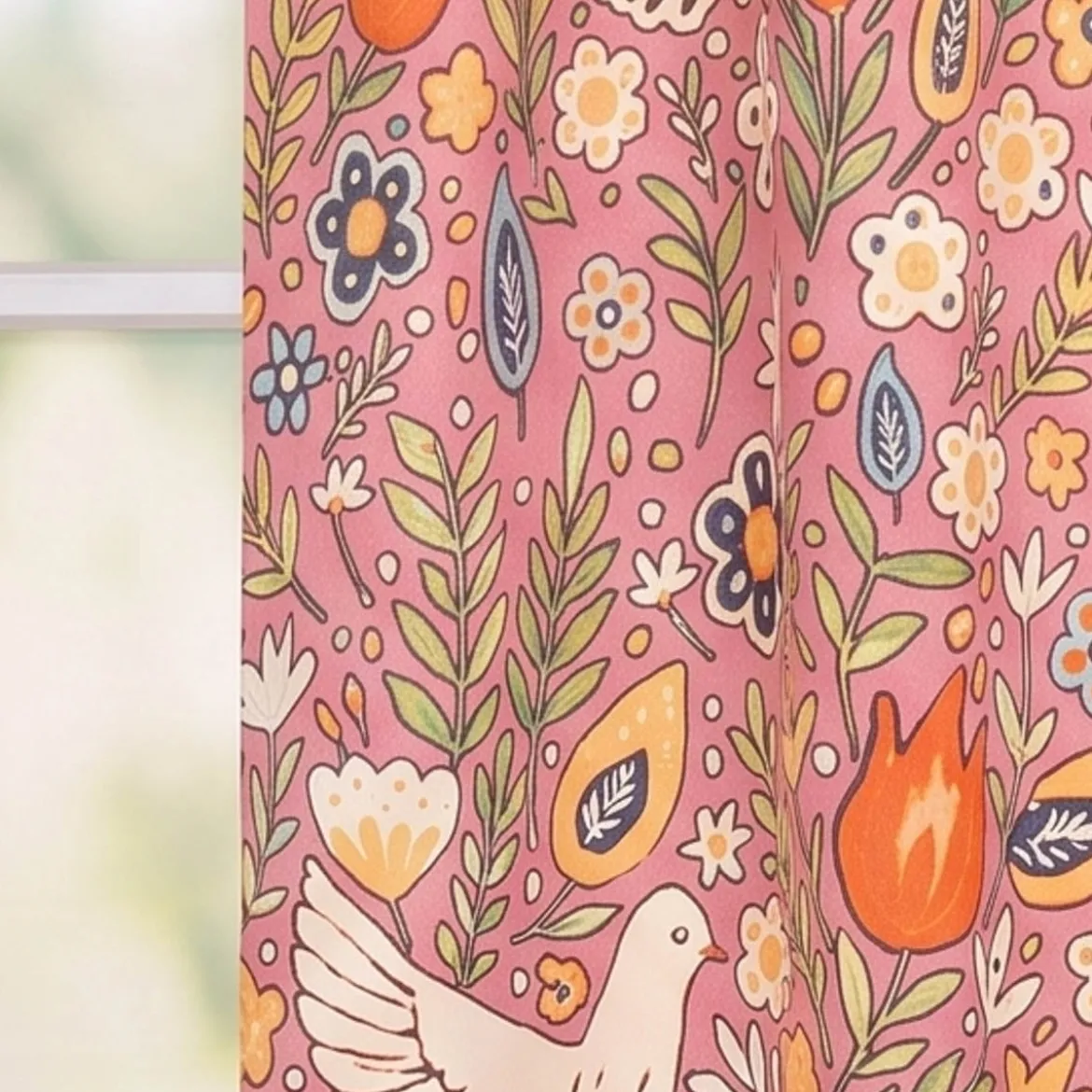 Vorhang Baumwolle Blumen Tauben rosa bunt mit Smok-Schlaufenband 245x130cm (HxB) oder Wunschmaß von SCHÖNER LEBEN.