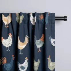 Vorhang Baumwolle Hühner dunkelblau bunt Landhaus mit Smok-Schlaufenband 245x130cm (HxB) oder Wunschmaß von SCHÖNER LEBEN.