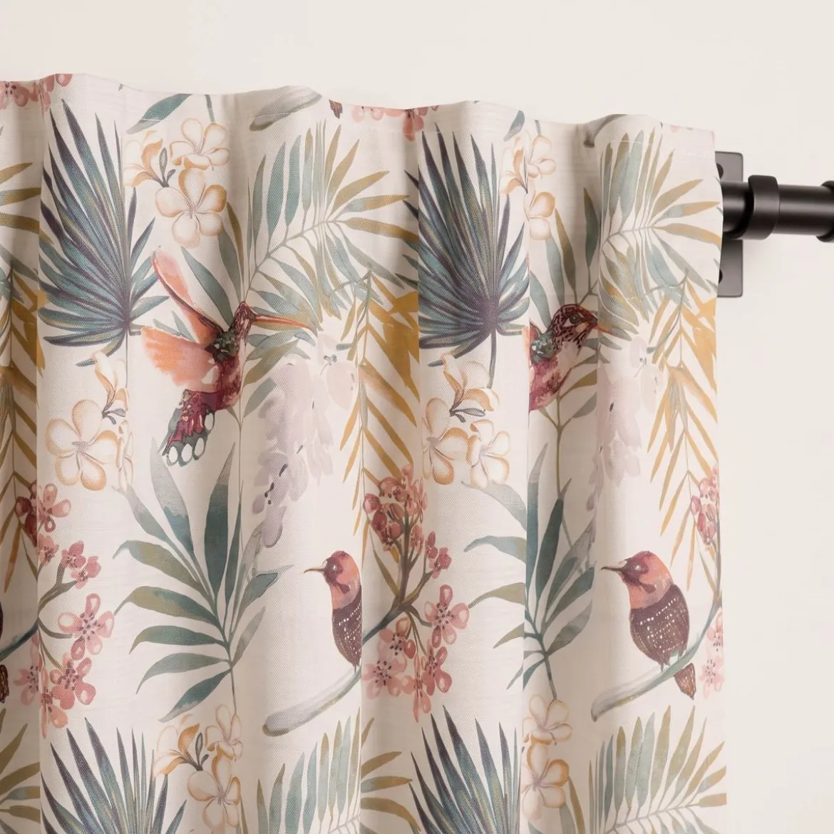 Vorhang Baumwolle Kolibri Blumen Blätter weißgrau petrol aubergine mit Smok-Schlaufenband 245x130cm (HxB) oder Wunschmaß von SCHÖNER LEBEN.