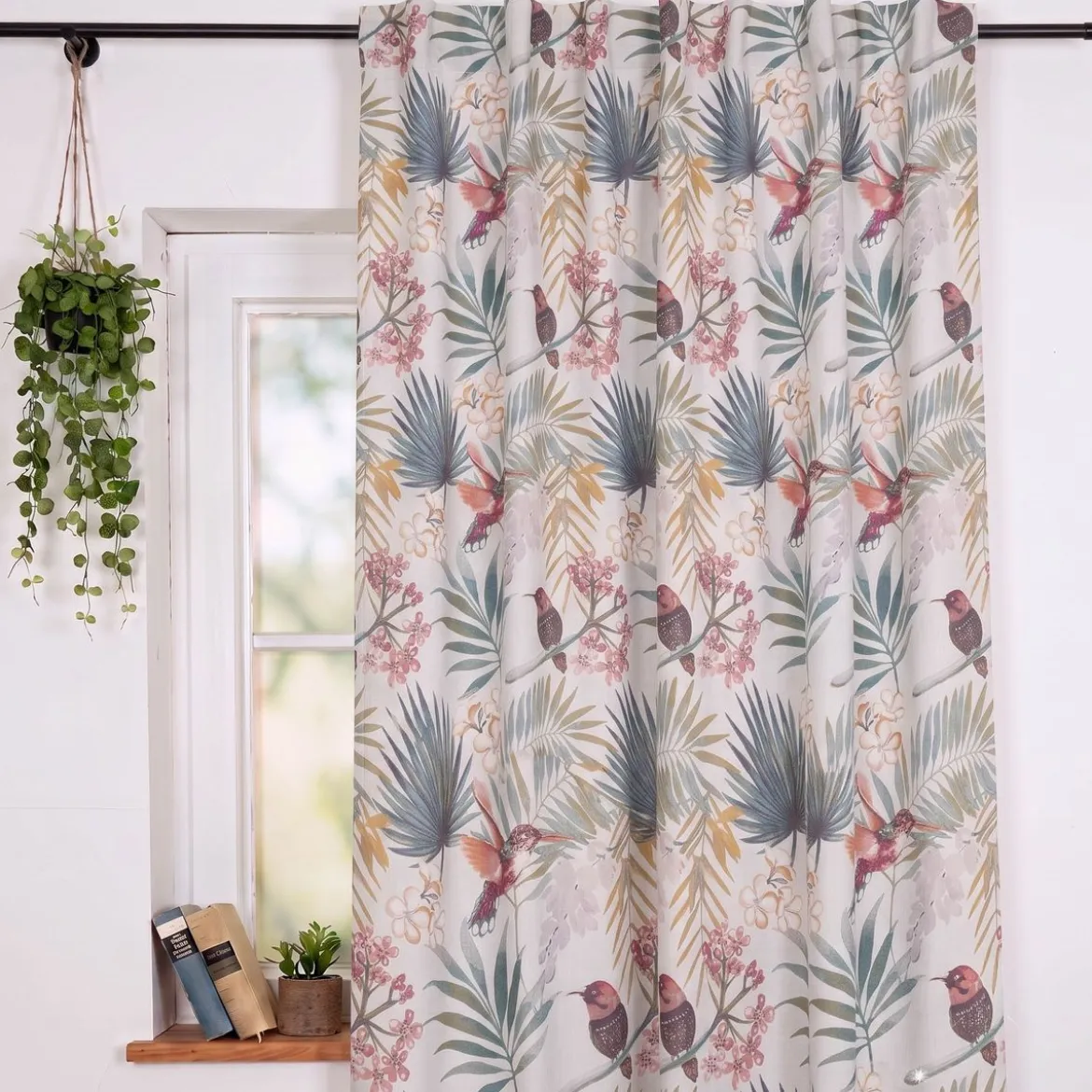 Vorhang Baumwolle Kolibri Blumen Blätter weißgrau petrol aubergine mit Smok-Schlaufenband 245x130cm (HxB) oder Wunschmaß von SCHÖNER LEBEN.