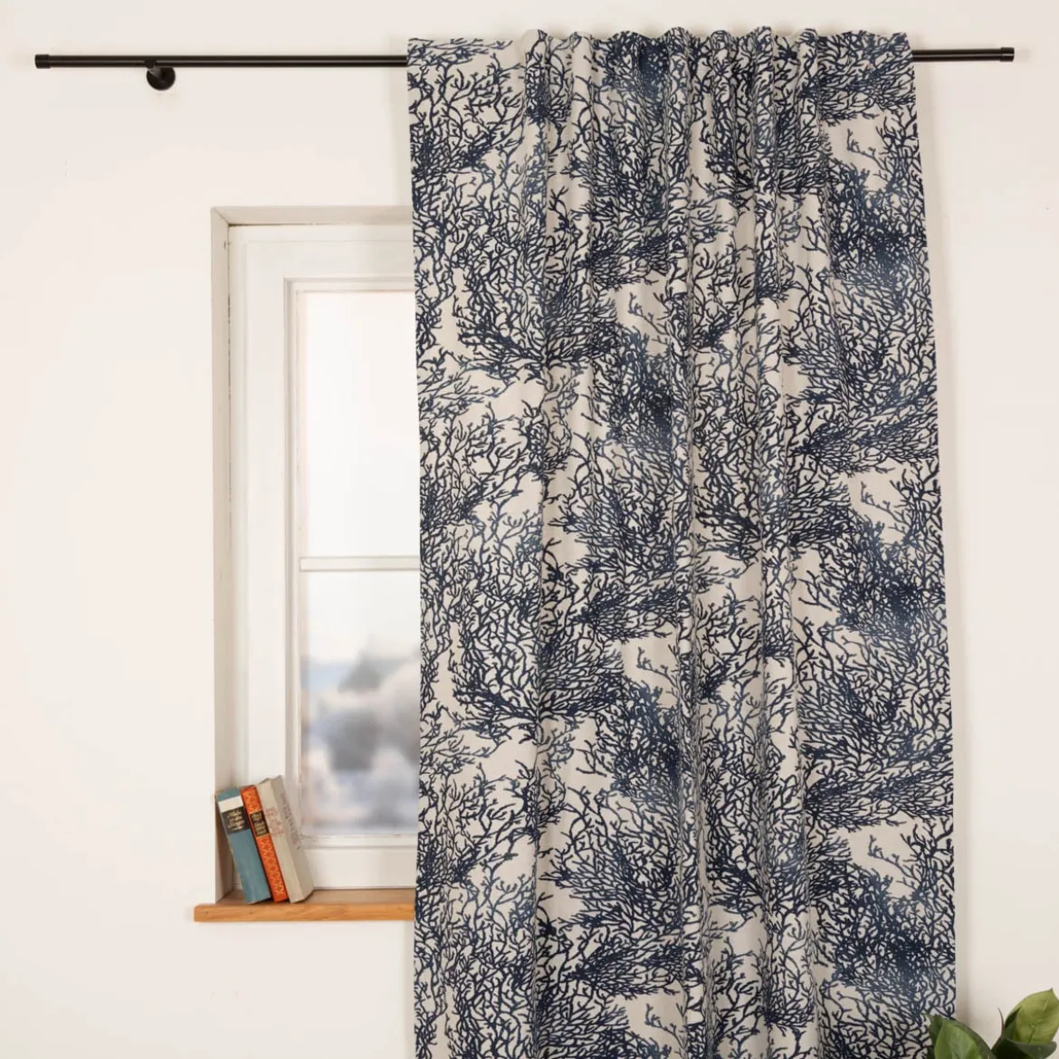 Vorhang Korallen natur blau mit Smok-Schlaufenband 245x130cm (HxB) oder Wunschmaß von SCHÖNER LEBEN.