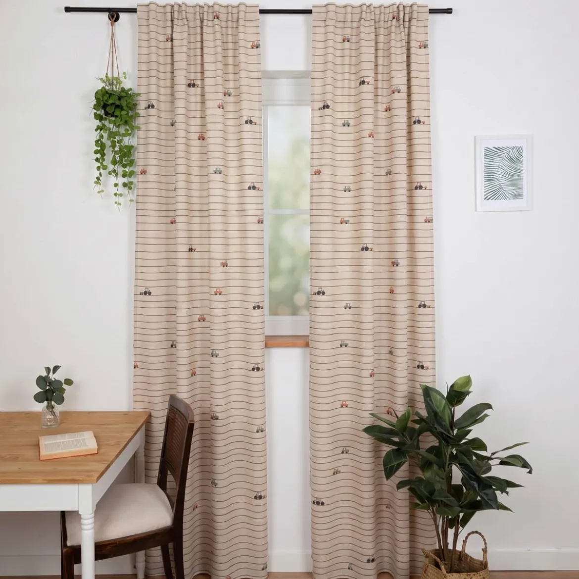 Vorhang Leinenlook Fahrzeuge Streifen natur bunt mit Smok-Schlaufenband 245x130cm (HxB) oder Wunschmaß von SCHÖNER LEBEN.