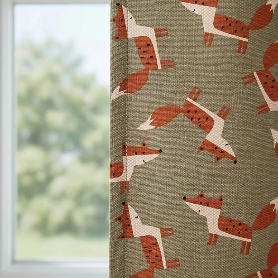Vorhang Leinenlook Füchse grün braun mit Smok-Schlaufenband 245x130cm (HxB) oder Wunschmaß von SCHÖNER LEBEN.
