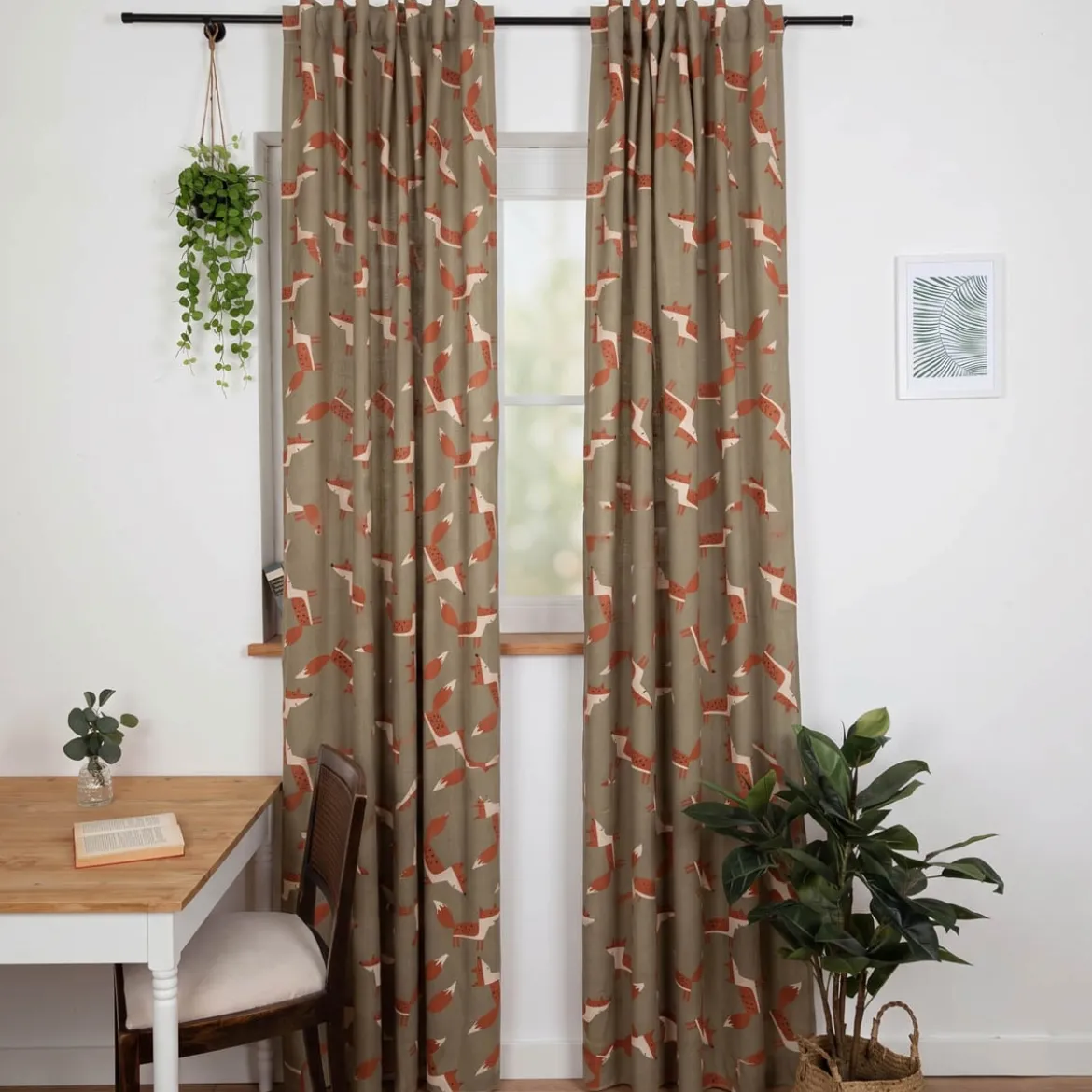Vorhang Leinenlook Füchse grün braun mit Smok-Schlaufenband 245x130cm (HxB) oder Wunschmaß von SCHÖNER LEBEN.