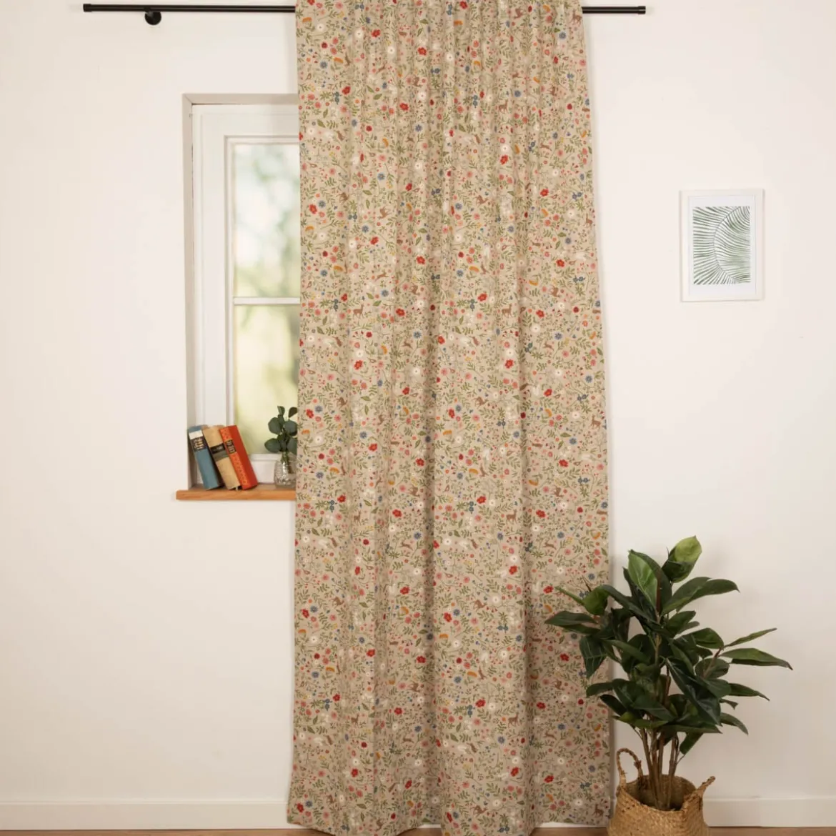 Vorhang Leinenlook Floral Animal Garden natur bunt mit Smok-Schlaufenband 245x130cm (HxB) oder Wunschmaß von SCHÖNER LEBEN.