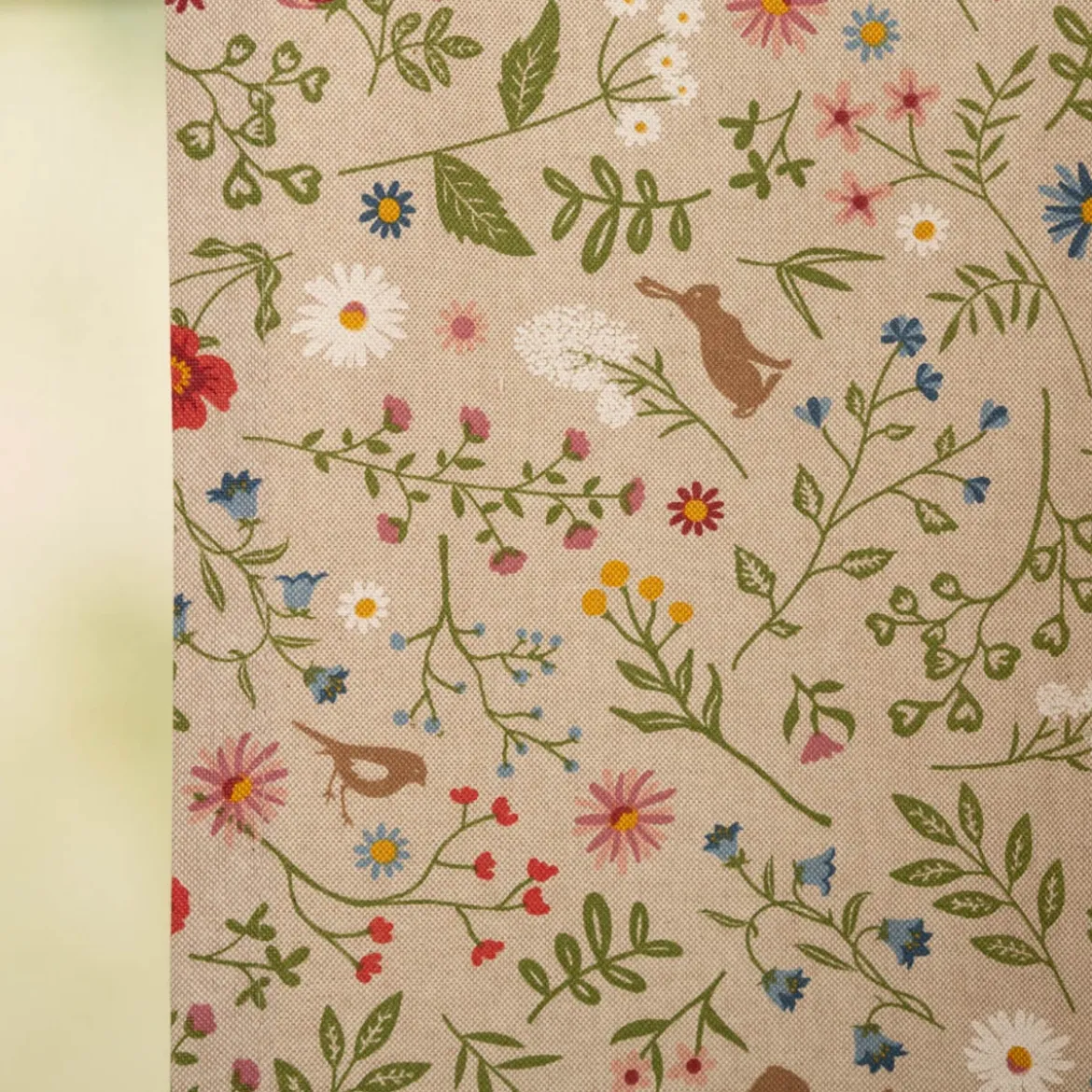 Vorhang Leinenlook Floral Animal Garden natur bunt mit Smok-Schlaufenband 245x130cm (HxB) oder Wunschmaß von SCHÖNER LEBEN.