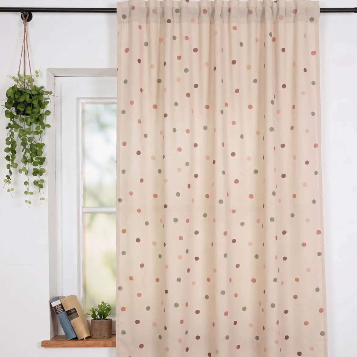 Vorhang Leinenlook Punkte natur rosa grün mit Smok-Schlaufenband 245x130cm (HxB) oder Wunschmaß von SCHÖNER LEBEN.