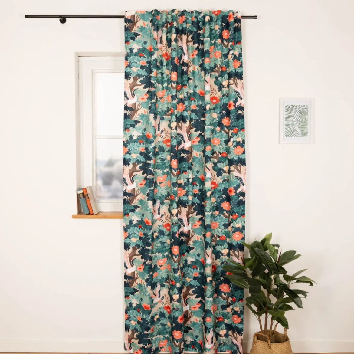 Vorhang Leinenstruktur Kranich Blumen türkisblau rot mit Smok-Schlaufenband 245x130cm (HxB) oder Wunschmaß von SCHÖNER LEBEN.
