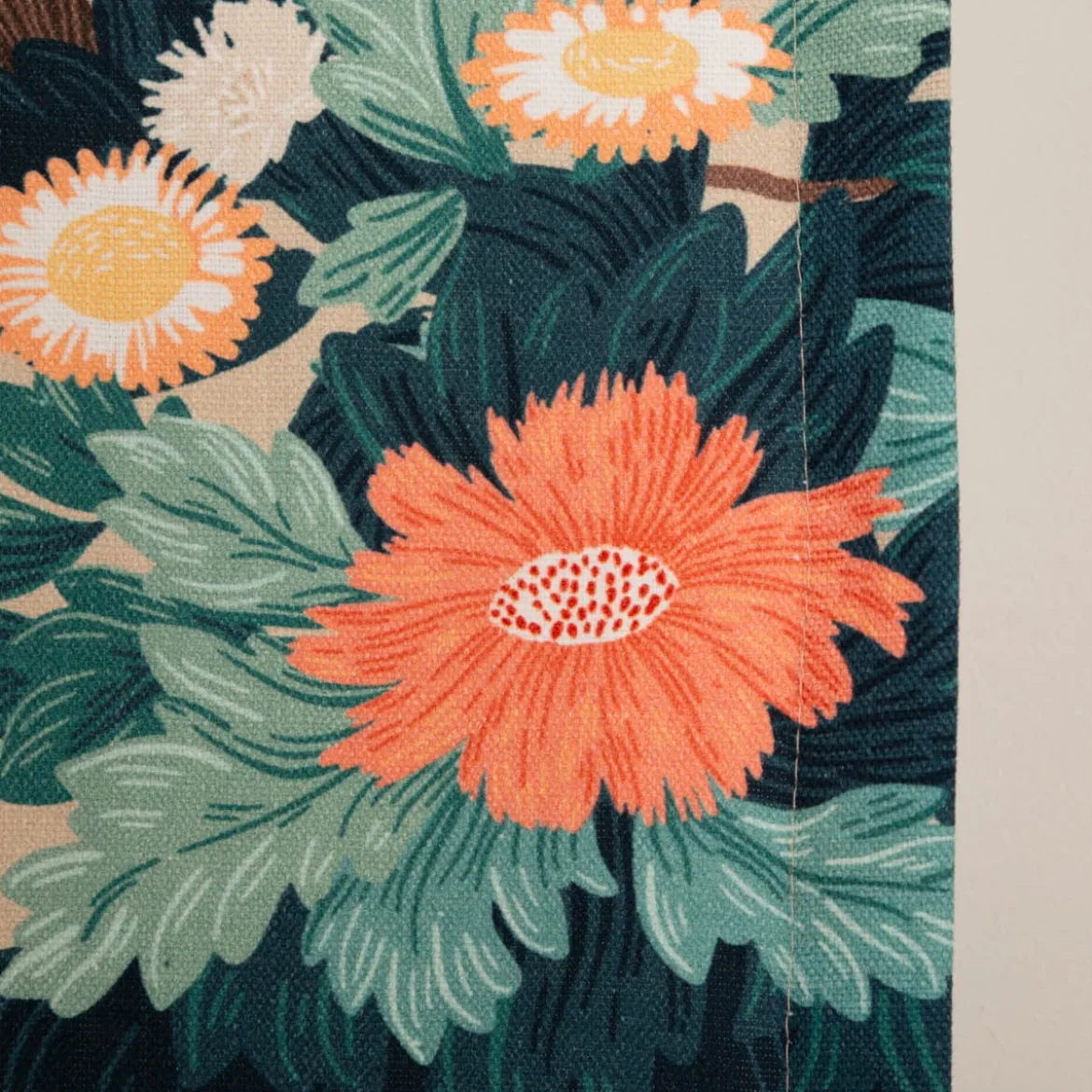Vorhang Leinenstruktur Kranich Blumen türkisblau rot mit Smok-Schlaufenband 245x130cm (HxB) oder Wunschmaß von SCHÖNER LEBEN.