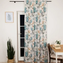 Vorhang mit Schlaufenband Leinenoptik Blumen ecru blau gelb 140x245cm