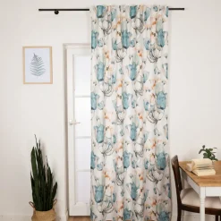 Vorhang mit Schlaufenband Leinenoptik Blumen ecru blau gelb 140x245cm