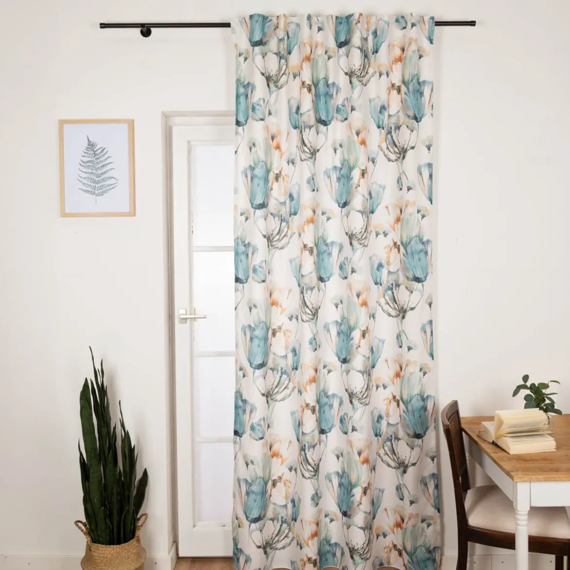 Vorhang mit Schlaufenband Leinenoptik Blumen ecru blau gelb 140x245cm
