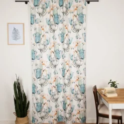 Vorhang mit Schlaufenband Leinenoptik Blumen ecru blau gelb 140x245cm
