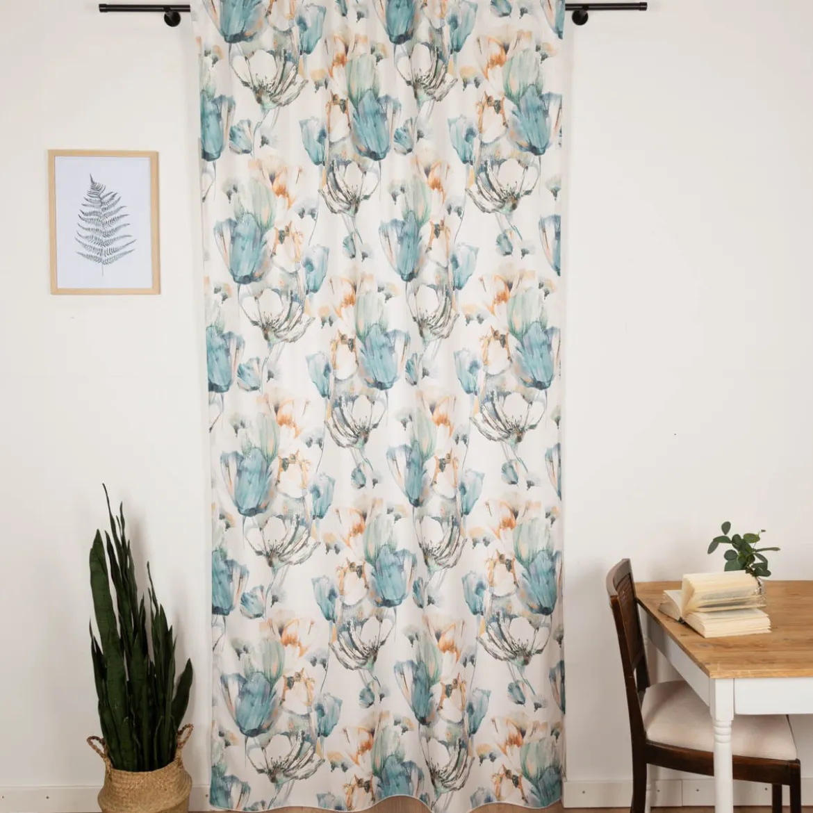 Vorhang mit Schlaufenband Leinenoptik Blumen ecru blau gelb 140x245cm