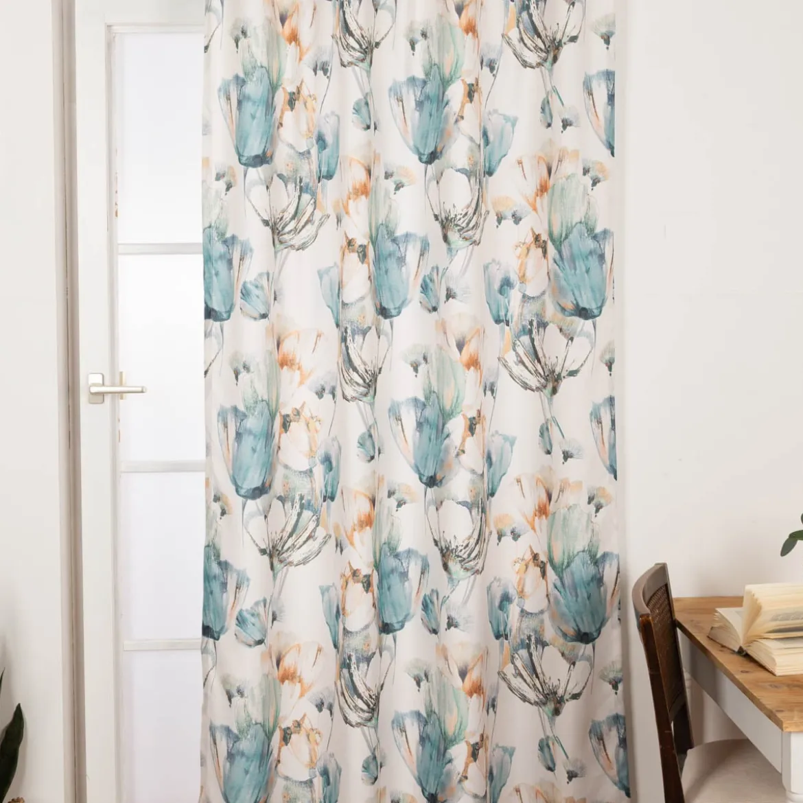 Vorhang mit Schlaufenband Leinenoptik Blumen ecru blau gelb 140x245cm