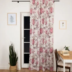 Vorhang mit Schlaufenband Leinenoptik Blumen ecru beere grün 140x245cm