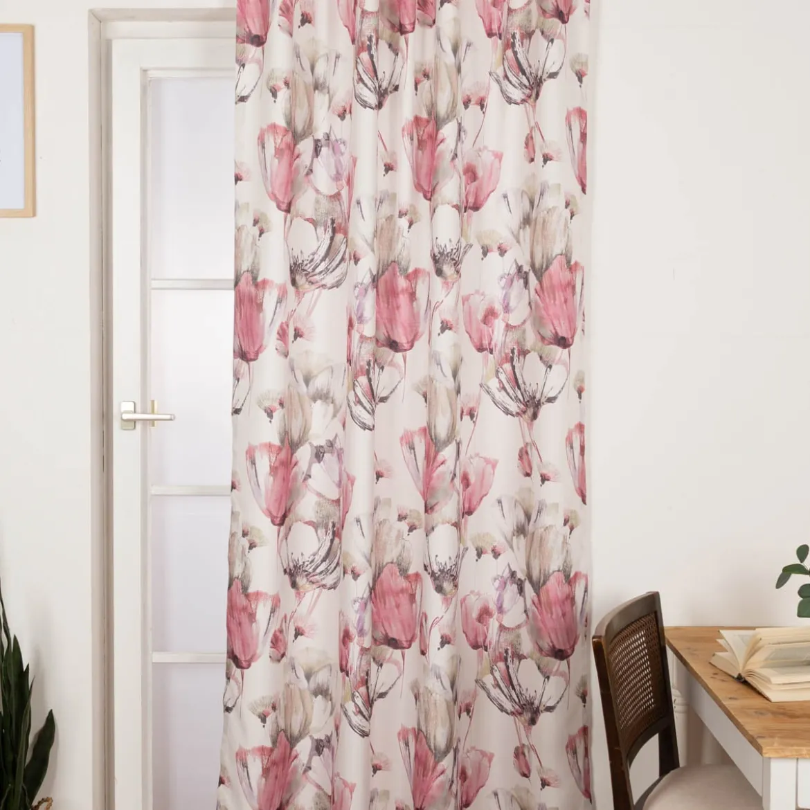 Vorhang mit Schlaufenband Leinenoptik Blumen ecru beere grün 140x245cm