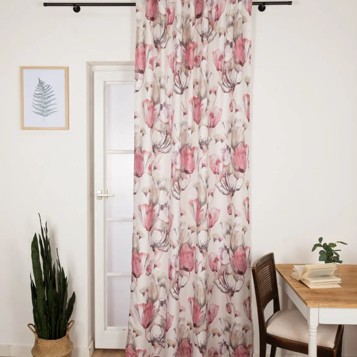 Vorhang mit Schlaufenband Leinenoptik Blumen ecru beere grün 140x245cm