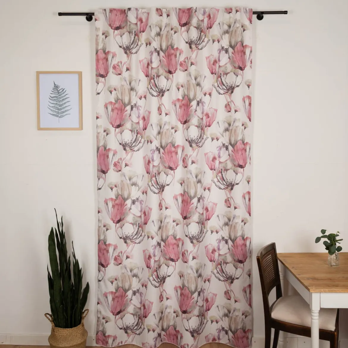 Vorhang mit Schlaufenband Leinenoptik Blumen ecru beere grün 140x245cm