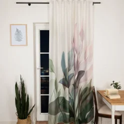 Vorhang mit Schlaufenband Leinenoptik Blätter ecru grün flieder 140x245cm