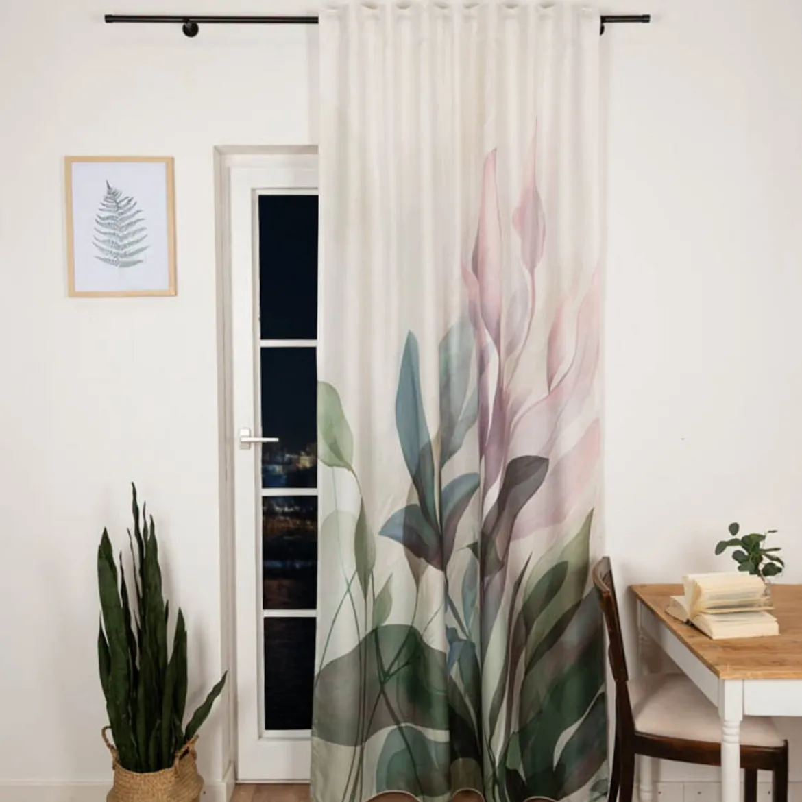 Vorhang mit Schlaufenband Leinenoptik Blätter ecru grün flieder 140x245cm