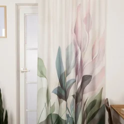 Vorhang mit Schlaufenband Leinenoptik Blätter ecru grün flieder 140x245cm