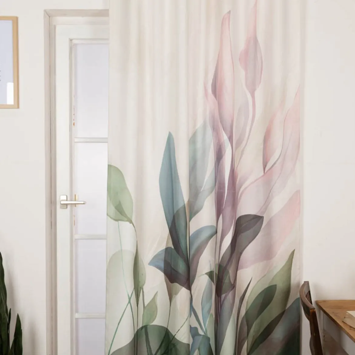 Vorhang mit Schlaufenband Leinenoptik Blätter ecru grün flieder 140x245cm
