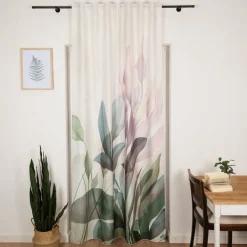 Vorhang mit Schlaufenband Leinenoptik Blätter ecru grün flieder 140x245cm