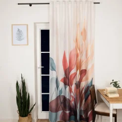 Vorhang mit Schlaufenband Leinenoptik Blätter ecru blau rot 140x245cm
