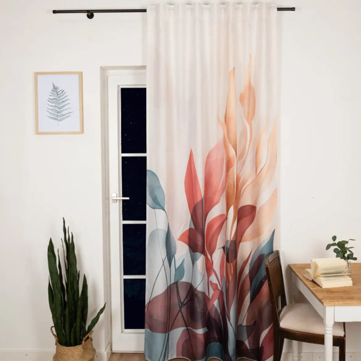 Vorhang mit Schlaufenband Leinenoptik Blätter ecru blau rot 140x245cm