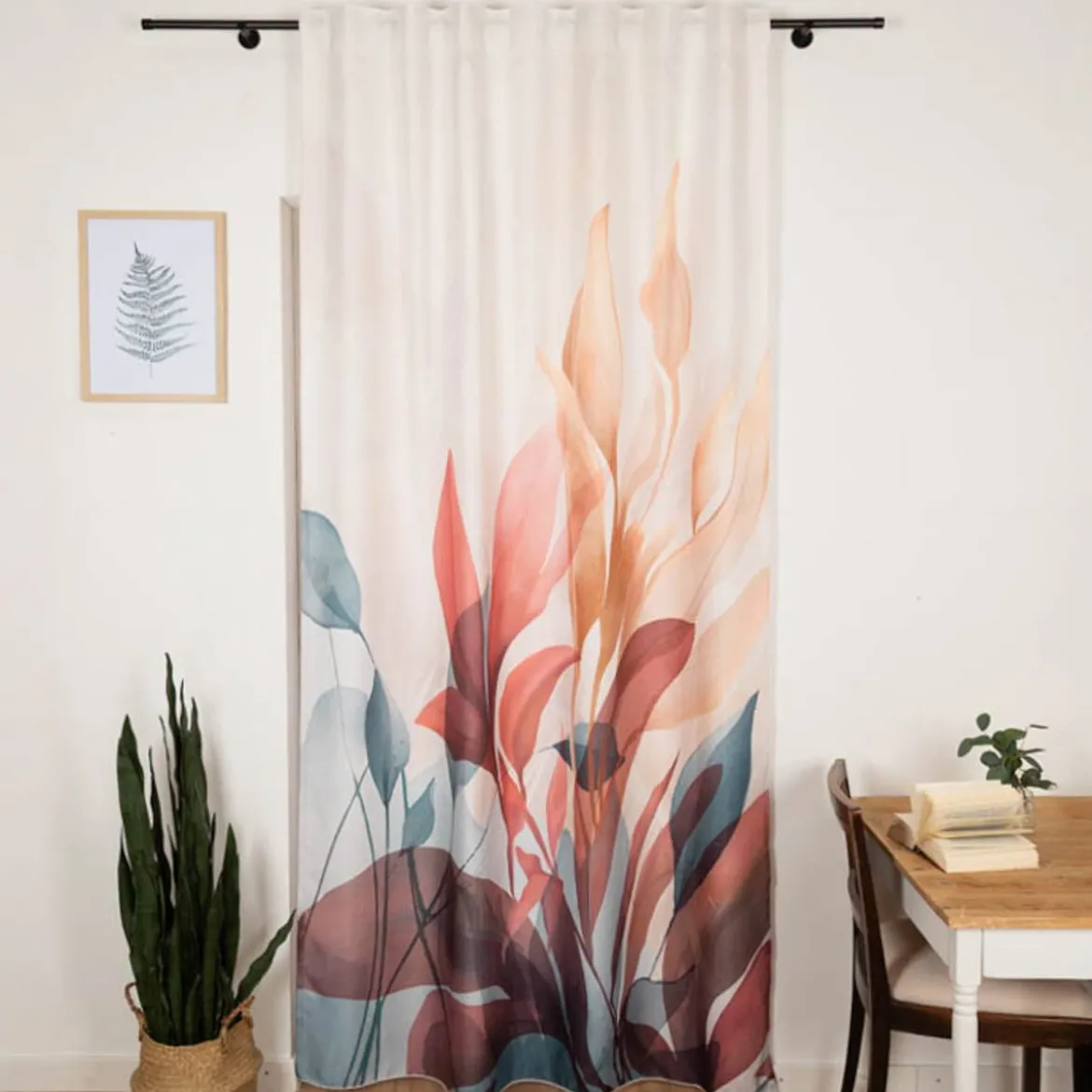 Vorhang mit Schlaufenband Leinenoptik Blätter ecru blau rot 140x245cm