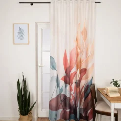 Vorhang mit Schlaufenband Leinenoptik Blätter ecru blau rot 140x245cm