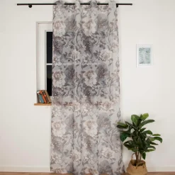 Vorhang mit Ösen halbtransparent Leinenstruktur Blumen grau 135x245cm