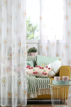 Vorhang mit Ösen Voile Blumen weiß pink 140x260cm