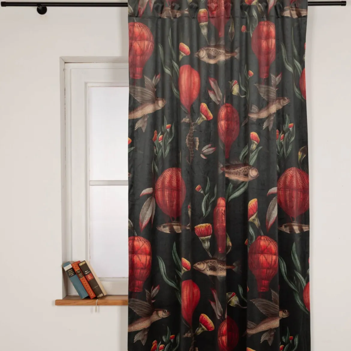 Vorhang Samtvorhang Fische Blumen Heißluftballon mit Smok-Schlaufenband 245x130cm (HxB) oder Wunschmaß von SCHÖNER LEBEN.