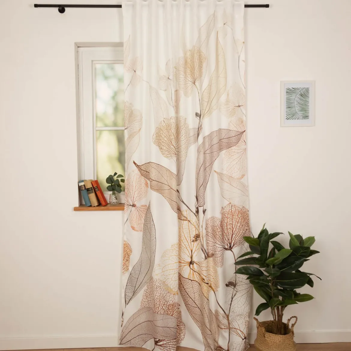 Vorhang Schlaufenbandschal Blätter weiß grün braun blickdicht 140x245cm (BxH)