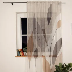 Vorhang Schlaufenbandschal Blätter grau beige weiß aubergine transparent 140x245cm (BxH)