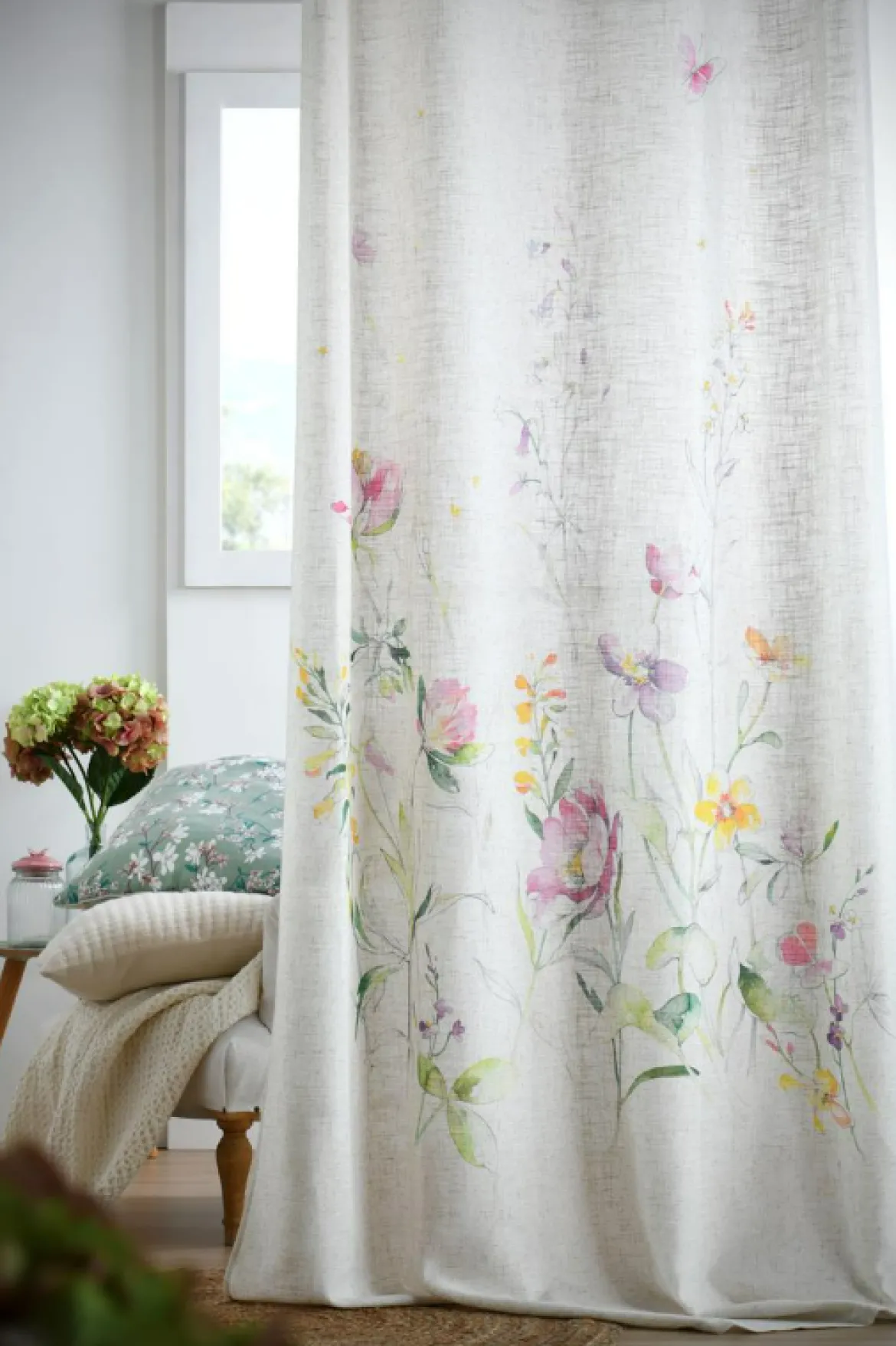 Vorhang Ösenvorhang Leinenlook Blumen Schmetterlinge natur bunt 140x260cm
