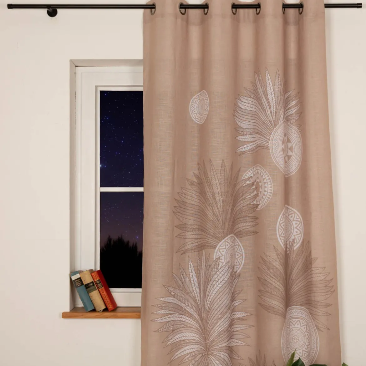 Vorhang Ösenvorhang Leinenstruktur Ornamente Palmenblätter natur weiß 140x260cm