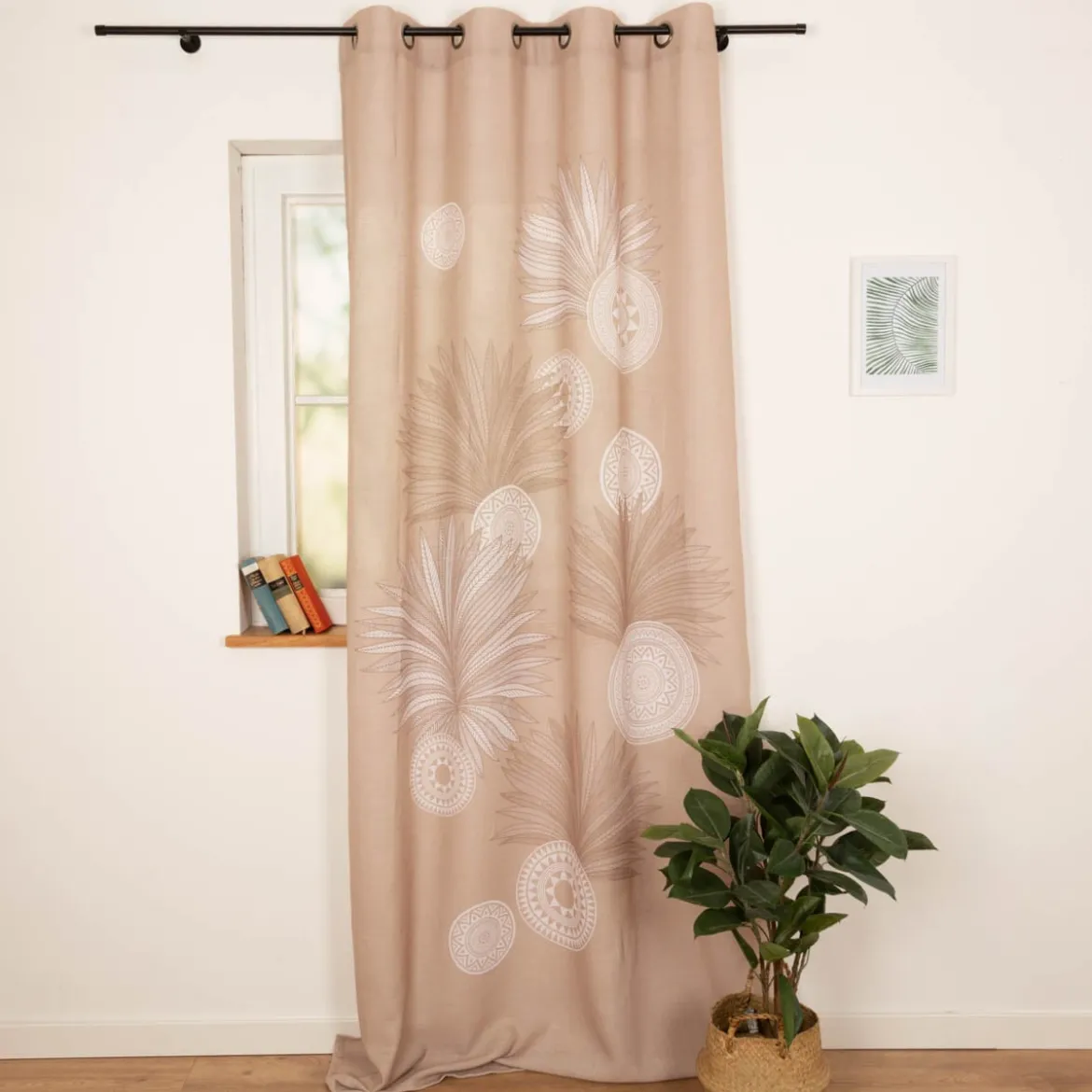 Vorhang Ösenvorhang Leinenstruktur Ornamente Palmenblätter natur weiß 140x260cm