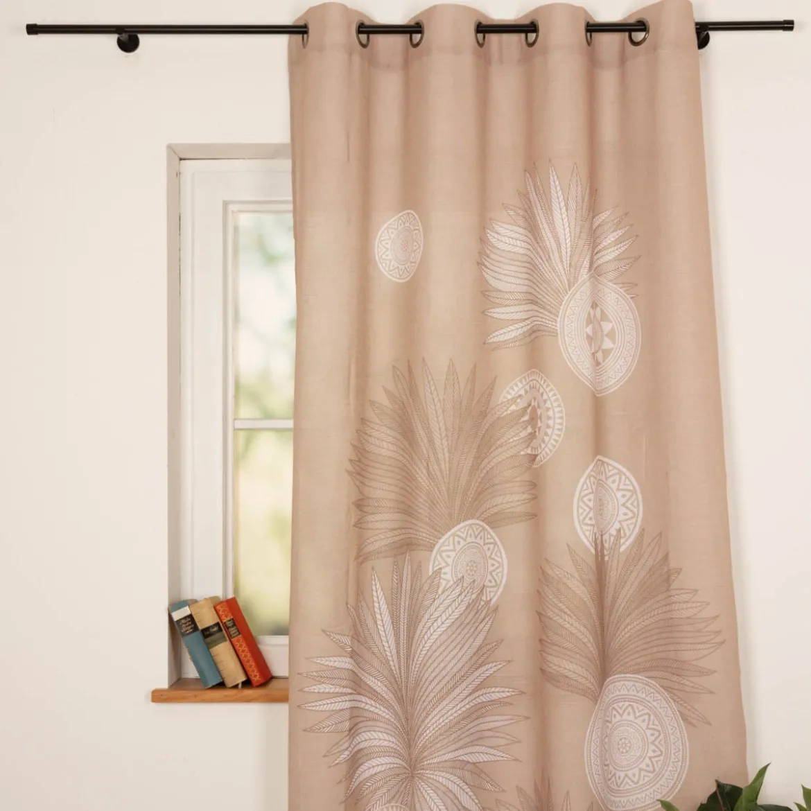 Vorhang Ösenvorhang Leinenstruktur Ornamente Palmenblätter natur weiß 140x260cm
