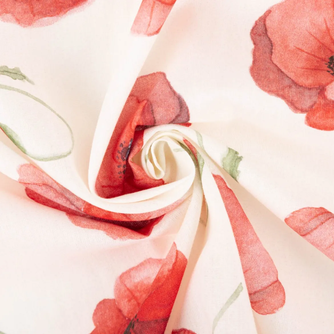 Vorhangstoff Baumwollstoff Popeline Watercolour Poppy Mohnblumen vanille rot 1,40m Breite