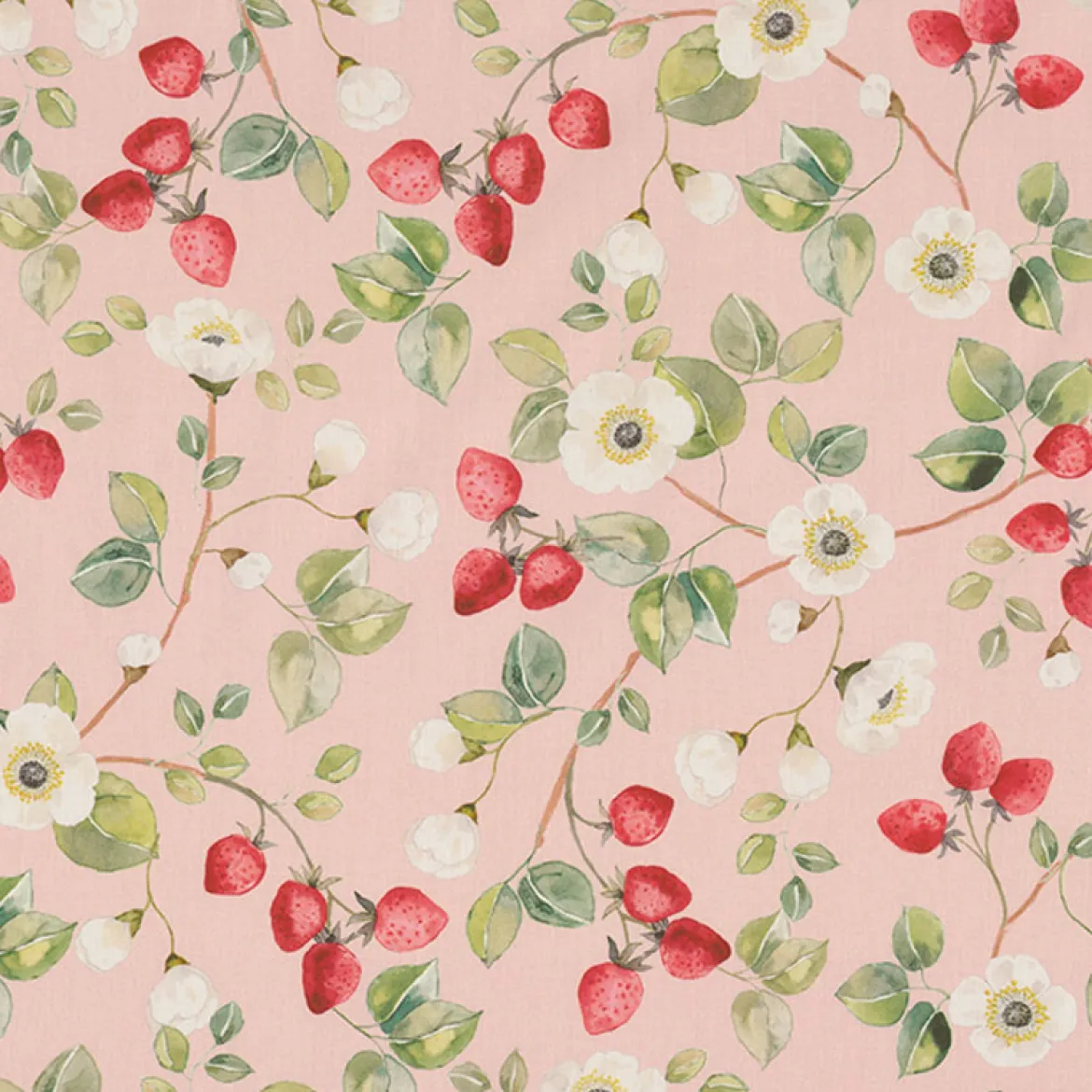 Vorhangstoff Baumwollstoff Popeline Erbeeren Blüten Digitaldruck rosa grün 1,40m Breite