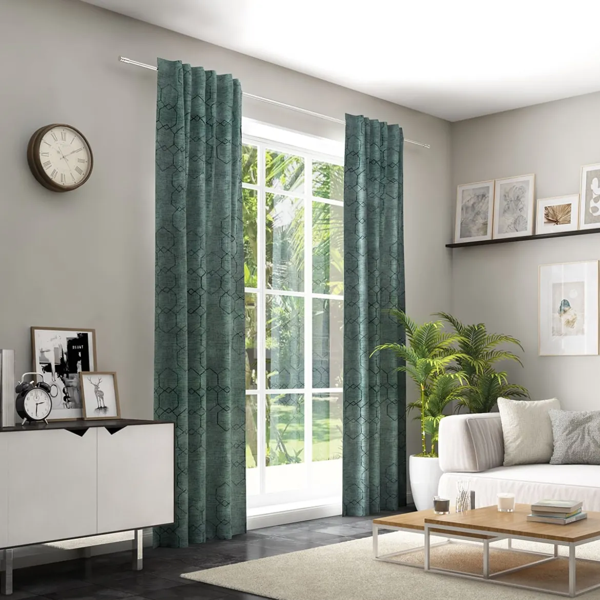 Vorhangstoff Dekostoff Jacquard Novo Hexagon petrol schwarz 154cm Breite