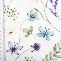 Vorhangstoff Dekostoff Leinenstruktur Ellmau Blumen Schmetterling weiß bunt 1,40m Breite