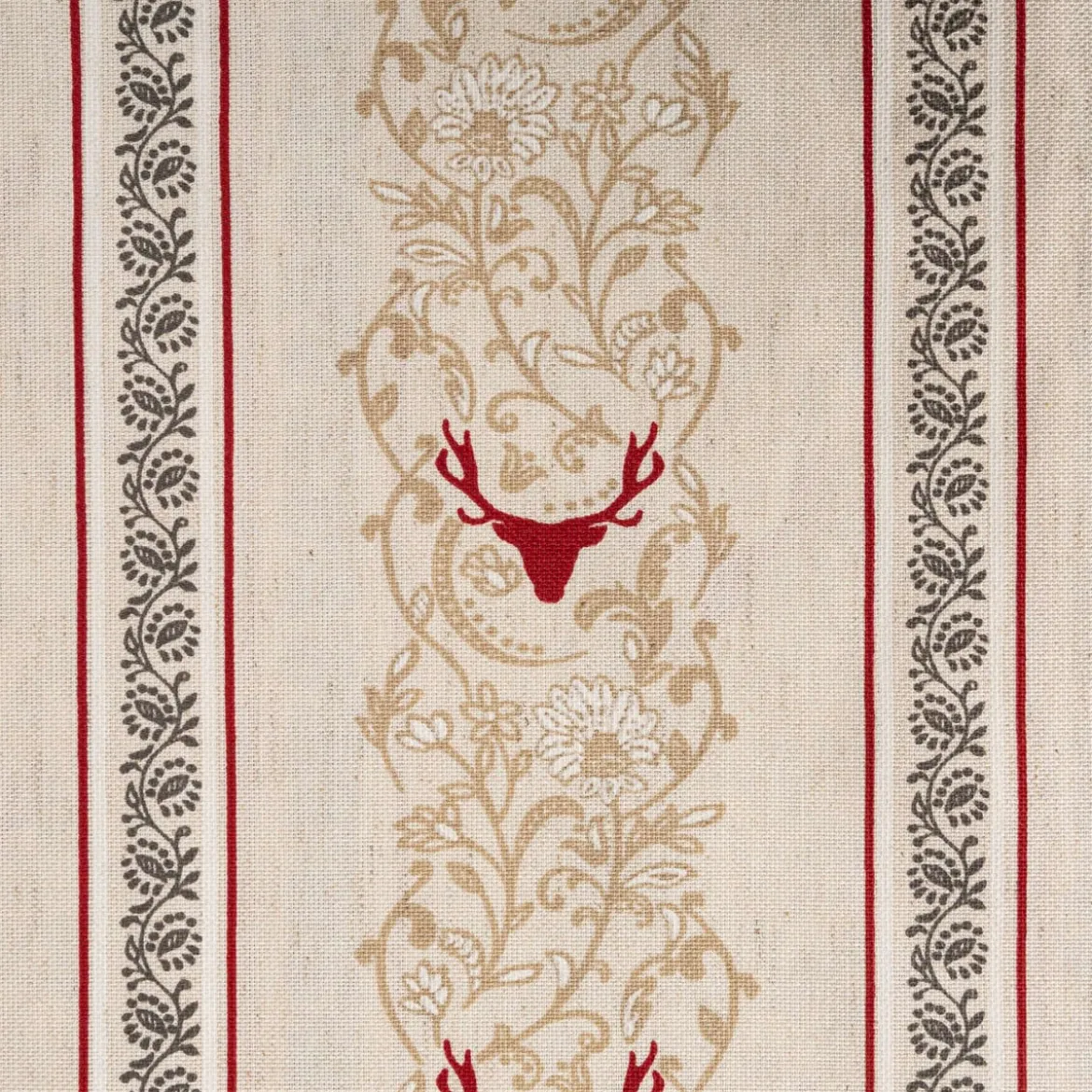 Vorhangstoff Dekostoff Pedro Hirschkopf Ornamente Streifen Leinenoptik natur rot 1,6m Breite