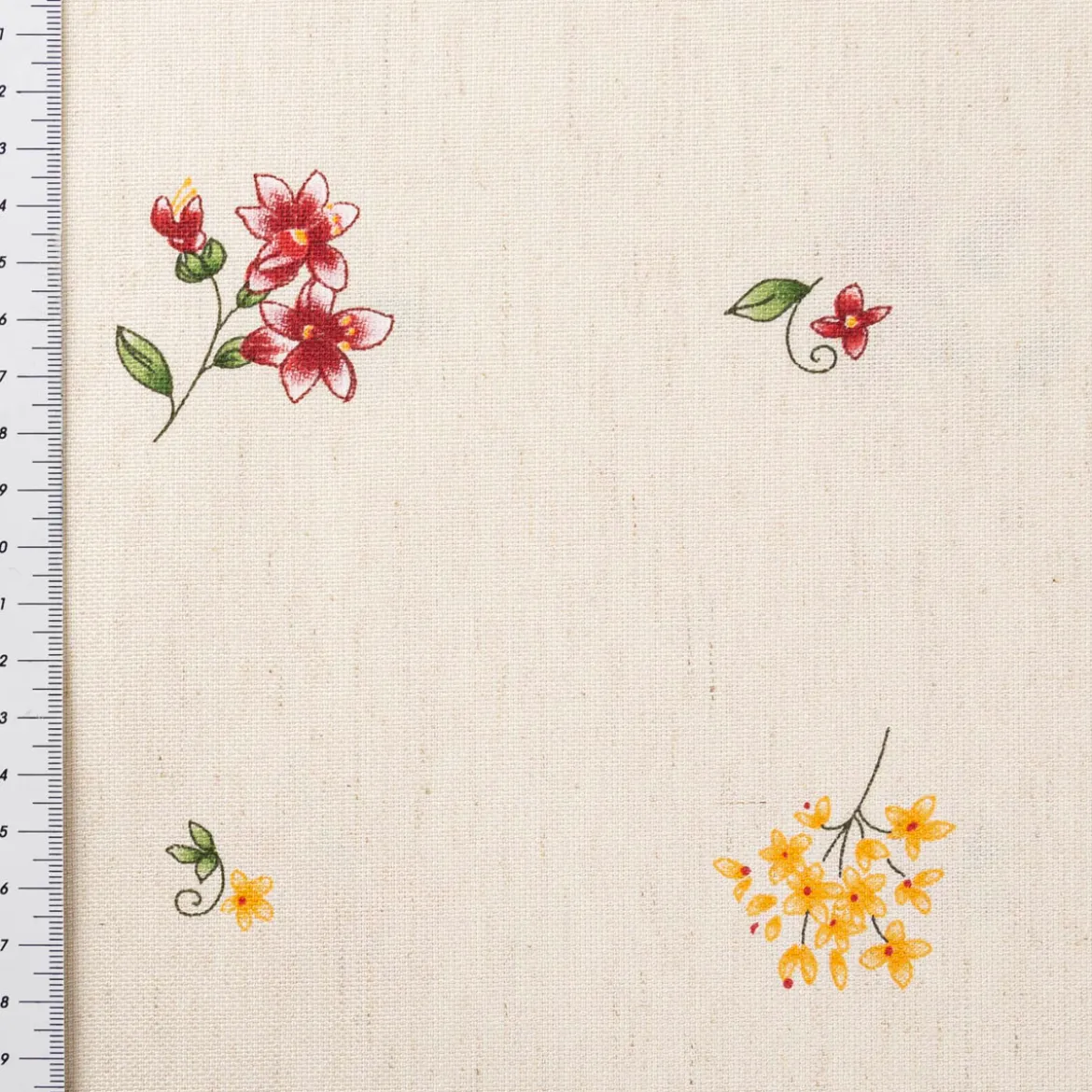 Vorhangstoff Dekostoff Vinschgau Blumen Leinenoptik natur rot gelb 1,6m Breite