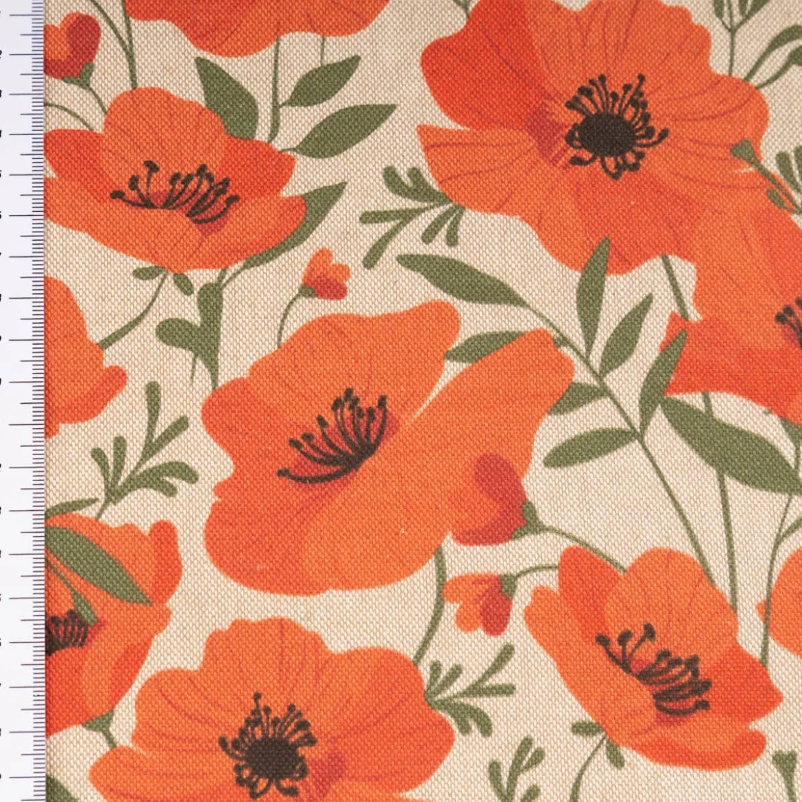 Vorhangstoff Leinenoptik Mohnblumen natur rot 1,40m Breite