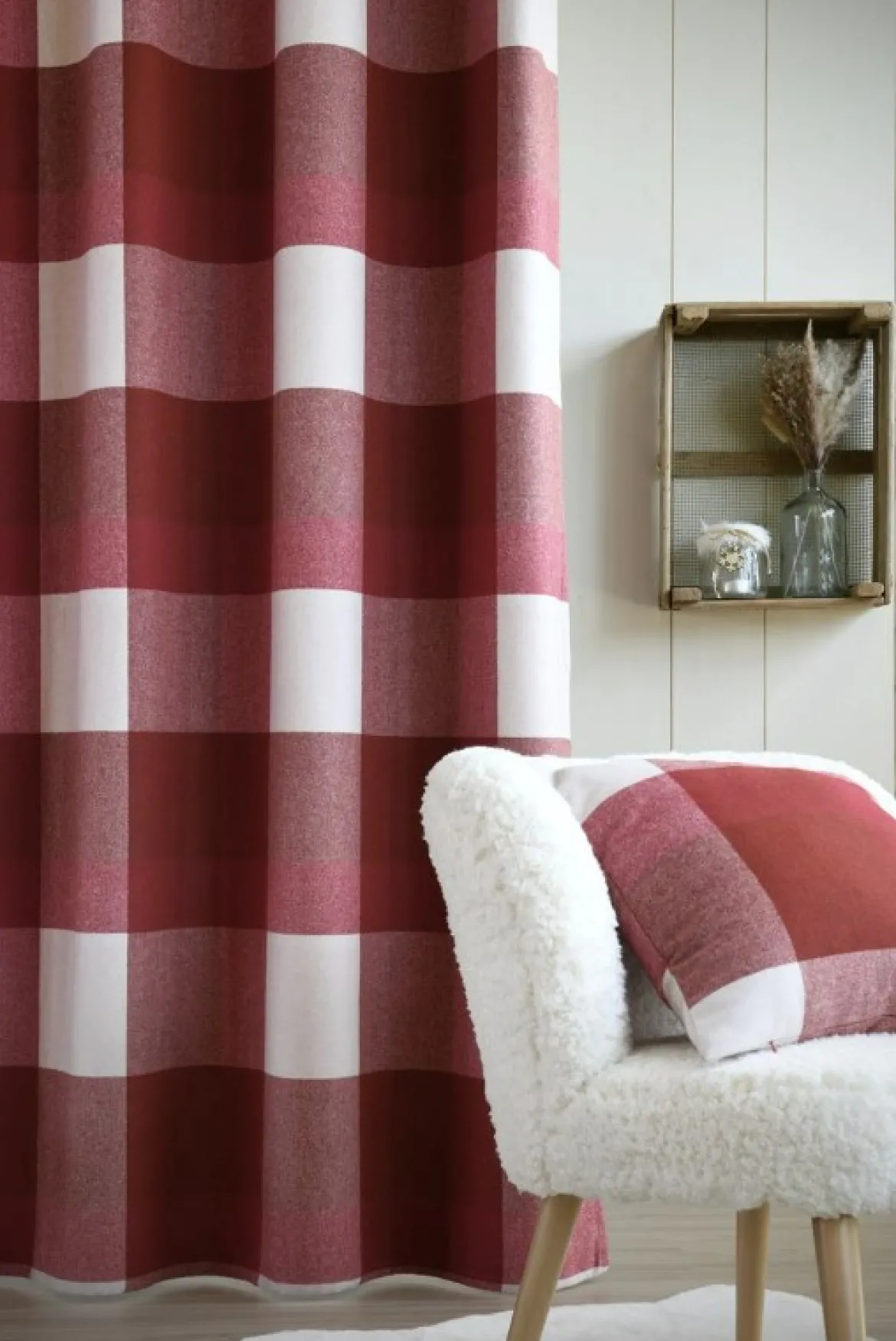 Vorhangstoff Wolloptik Landhauskaro weiß rot 140cm Breite