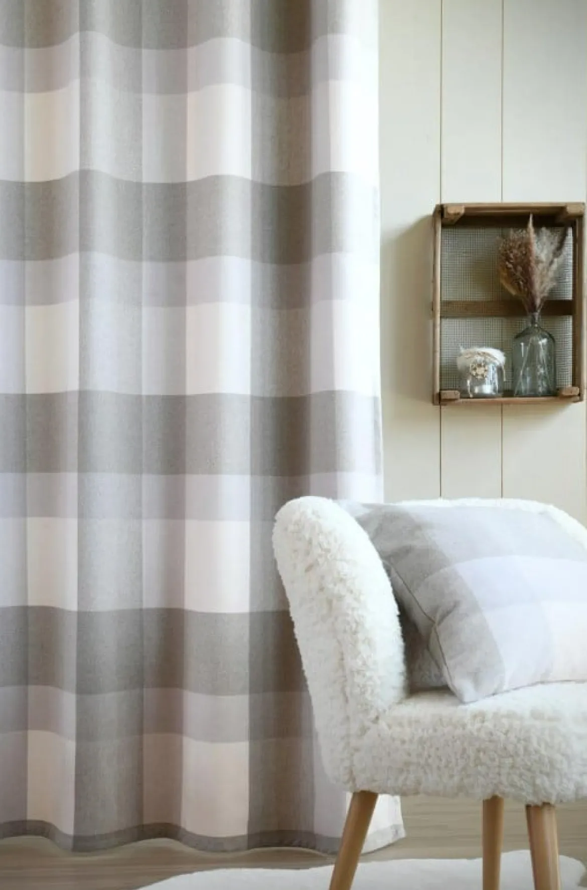 Vorhangstoff Wolloptik Landhauskaro weiß beige 140cm Breite